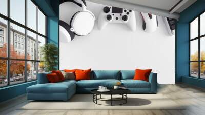 gamer work space concept, top view a gaming gear, mouse, keyboard, joystick and headset. Wall mural