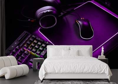 gamer workspace concept, top view a gaming gear, mouse, keyboard, joystick, headset, mobile joystick, in ear headphone and mouse pad on black table background. Wall mural