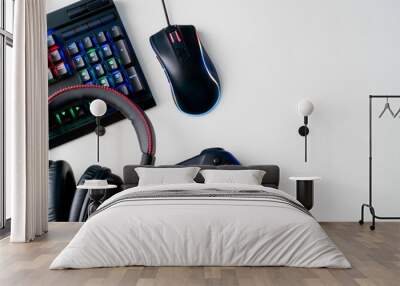 gamer workspace concept, top view a gaming gear, mouse, keyboard, joystick, headset and mouse pad on Wall mural