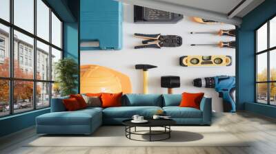 Mechanic tools set on white table Wall mural