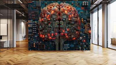 Capture a silicon chip circuit design overlaid on a brain illustration in pixel art, viewed from a top-down perspective, in CG 3D rendering Wall mural