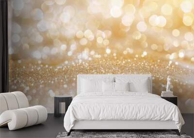 abstract white and beige bokeh background with shiny lights, golden glitter. Wall mural