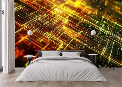 An abstract depiction of vibrant electronic circuits illuminated by colorful lights, ideal for technology and innovation themes. Wall mural