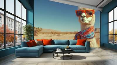 An alpaca wearing funky retro glasses and a colorful scarf Wall mural