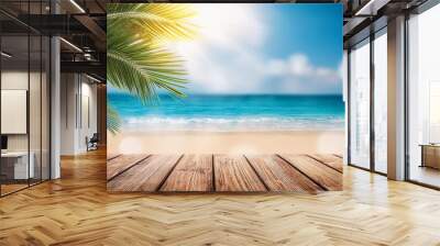 Beautiful summer background with wooden planks on the beach and palm tree, sun rays, blue sky and sea in bokeh Wall mural