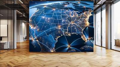 Connected network over the United States, blue glow visualization. Wall mural