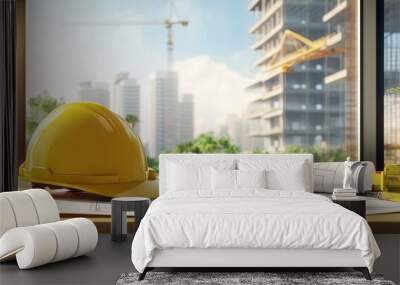 Construction site with a yellow hard hat and blueprints. Wall mural