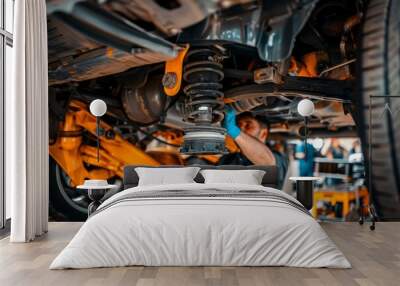 Professional Mechanic Inspecting Car's Suspension in Auto Repair Workshop Wall mural