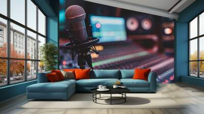 Professional Microphone and Recording Equipment in Modern Studio Setting Wall mural