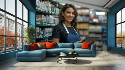 Smiling Retail Worker Using Tablet in Store Wall mural