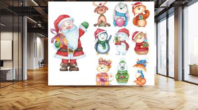 Big set of New Year animals and santa claus isolated. Watercolor illustration fox, snowman, mouse, deer, penguin, bear for Christmas card design. Wall mural