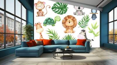 big watercolor set of tropical animals and leaves on white background Wall mural