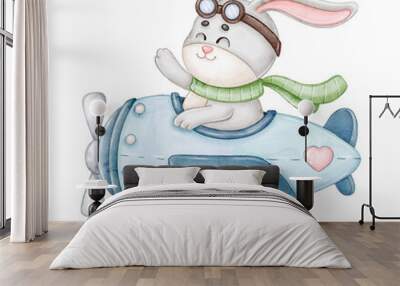 Hare pilot children's watercolor illustration Wall mural