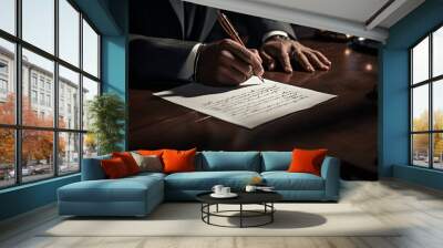 A businessman in a suit sits at a desk writing on a sheet of paper with a gold pen. Wall mural