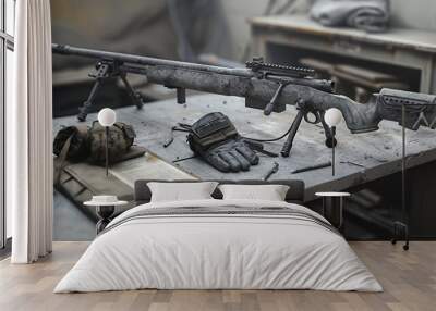 A sniper rifle with a camouflage pattern lies on a workbench.  It has a bipod and scope and is surrounded by tactical gear and tools. Wall mural