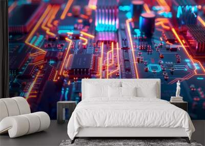 Close-up of a circuit board with glowing red and blue lines. Wall mural