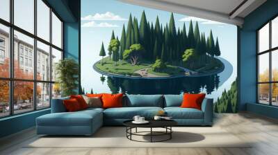 Jungle cartoon style, Forest scene with lake and trees, Nature landscape background, AI Generated Wall mural