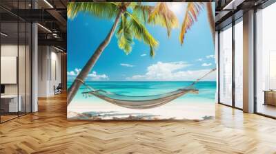 Beautiful tropical beach view with hammocks in palm trees Wall mural