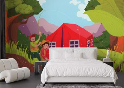 father and son were fishing and got fish. they camp in beautiful nature. Wall mural