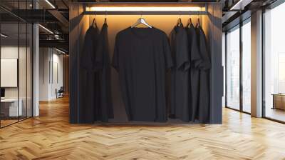 Black blank t-shirt with copy space in modern cupboard. 3d rendering. Wall mural