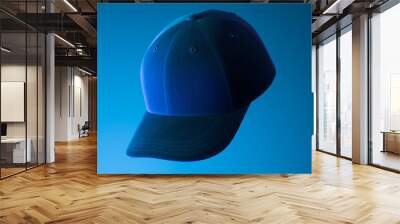 Dark Realistic Blank Cap on Blue Background Illuminated By Neon Light. 3d Rendering. Wall mural