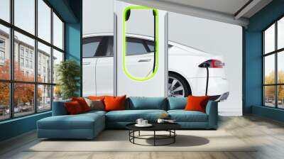 Electric white modern car near Electric car charging station. 3d rendering. Wall mural