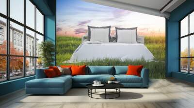 Snow-white bed in a beautiful summer field. 3d rendering Wall mural