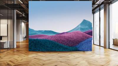 Surreal mountains landscape with blue and purple peaks and blue sky. Minimal modern abstract background. Shaggy surface with a slight noise. 3d rendering Wall mural