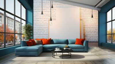 Two white canvases with bulbs in loft interior. 3d rendering Wall mural