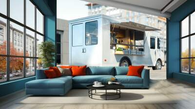 White food truck with detailed interior on street. Takeaway. 3d rendering. Wall mural