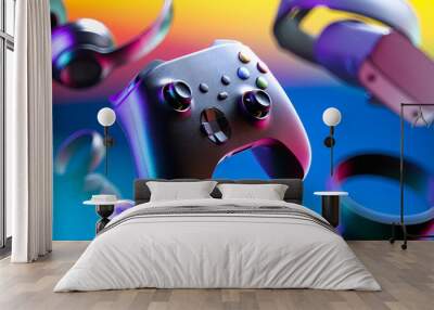 Wireless Joystick, Gaming Gamepad Controller, VR Goggles, Headphones, Video Game Console On Multicolored Gradient Background. 3d rendering Wall mural