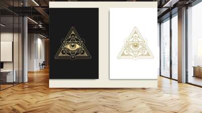 All seeing eye with sacred geometry, symbol of the Masons, eye and  gold logo, spiritual guidance tarot reader design. engraving, decorative illustration tattoo Wall mural