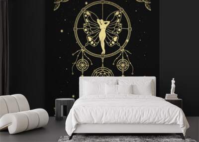 Dream catcher ornament with decorative fairies or butterflies Wall mural