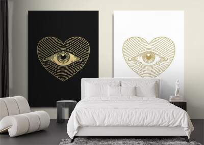 Eye with heart and love illustration, eye and  gold logo, spiritual guidance tarot reader design. engraving, decorative illustration tattoo Wall mural