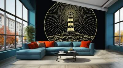 Lighthouse at night in the middle of the sea with calm and peaceful waves Wall mural