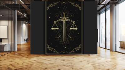 Scale of justice, sword shape in tarot cards, decorated with golden clouds, moon circulation, outer space and many stars Wall mural