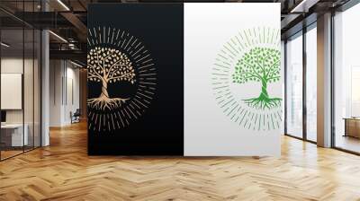 Tree of life with rays round shape design vector gold and green gradient isolated on black and white background Wall mural