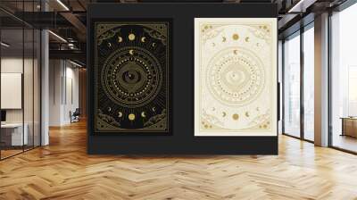 Wheel of fortune tarot card with engraving, hand drawn, luxury, esoteric, boho style, fit for paranormal, tarot reader, astrologer or tattoo Wall mural