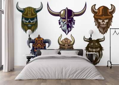 Viking Mascot Logo. Viking Head Old Man And Skull Mascot Logo Design Set Bundle Vector illustration Wall mural