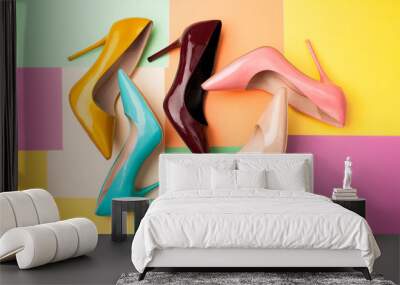 Set of colored women's shoes on a colored background Wall mural