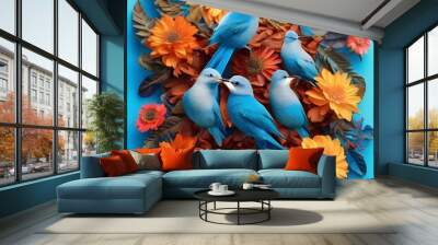 a playful and lively print, where a menagerie of tropical birds takes center stage amidst a lush jungle of vivid foliage and blossoms. Each feathered creature adds a burst of color. Wall mural