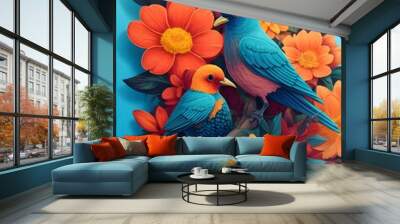 a playful and lively print, where a menagerie of tropical birds takes center stage amidst a lush jungle of vivid foliage and blossoms. Each feathered creature adds a burst of color. Wall mural