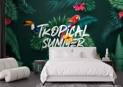 Birds collection and tropical plants background Wall mural