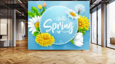 Hello spring banner with round frame and various flower on blue background Wall mural