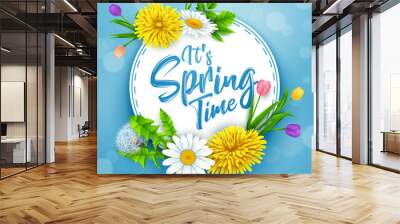 It's spring time banner with round frame and flowers on blue sky background Wall mural