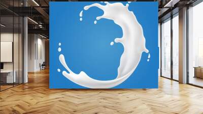 Vector illustrations of milk splash and pouring, realistic natural dairy products, yogurt or cream, isolated on blue background. Wall mural