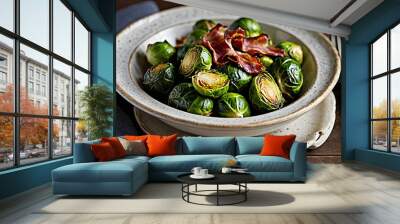 an appetizing serving of roasted brussels sprouts, skilfully garnished with crispy bacon bits and fresh parsley Wall mural