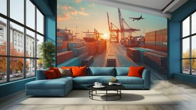 Global business logistics import export of containers cargo freight ship loading at port by crane, container transport, cargo plane, truck to port background. Generative ai Wall mural