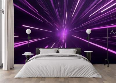 Purple neon light streaks radiating from the center on a dark background, Generative ai Wall mural