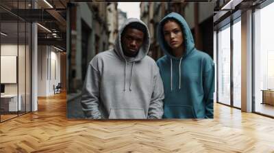 urban streetwear duo man and woman standing side by side both wearing trendy oversized hoodies their confident postures and neutral expressions embody contemporary urban fashion Wall mural